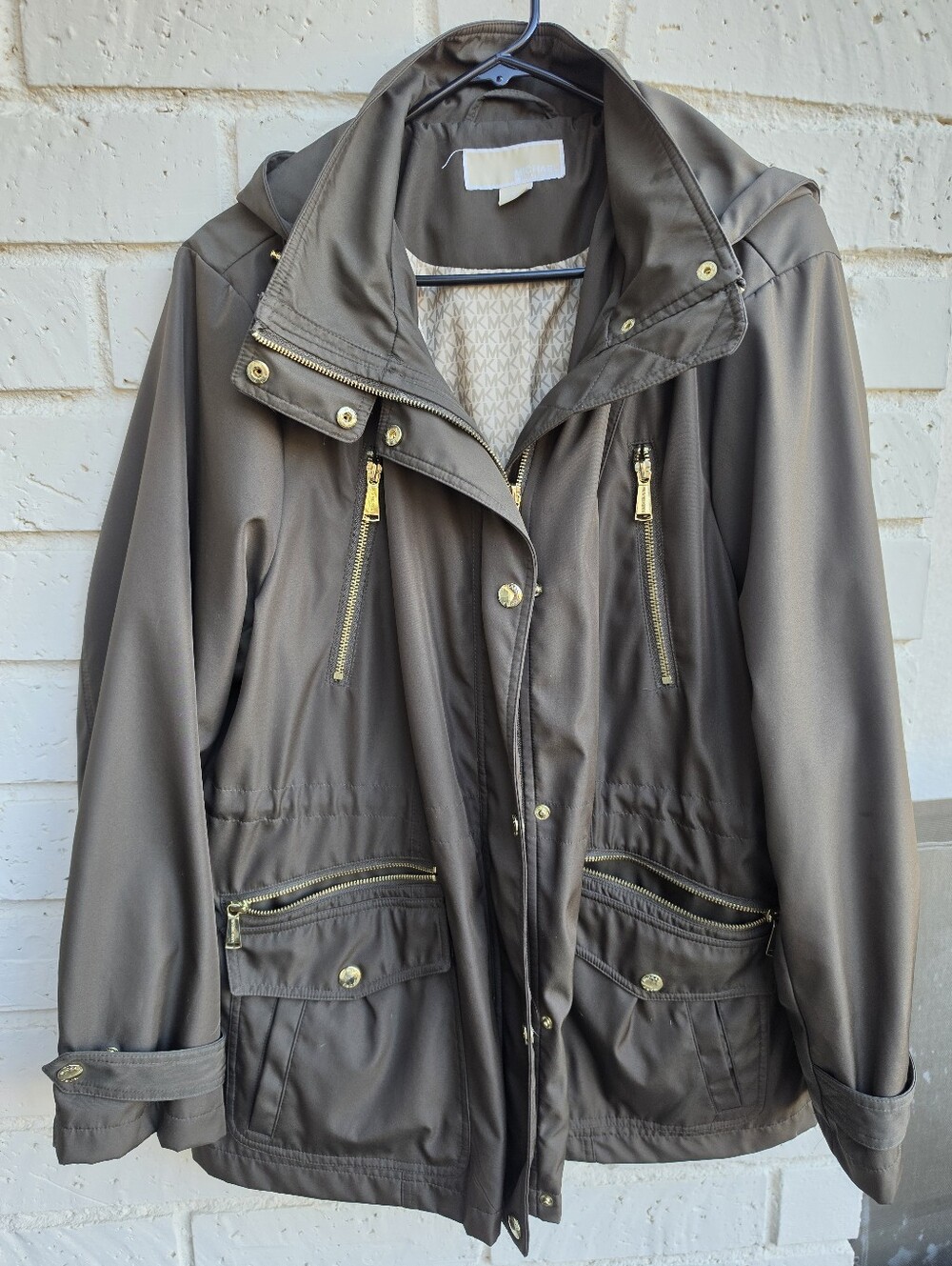 Michael Kors Olive Green Utility Jacket with Hood & Gold Hardware